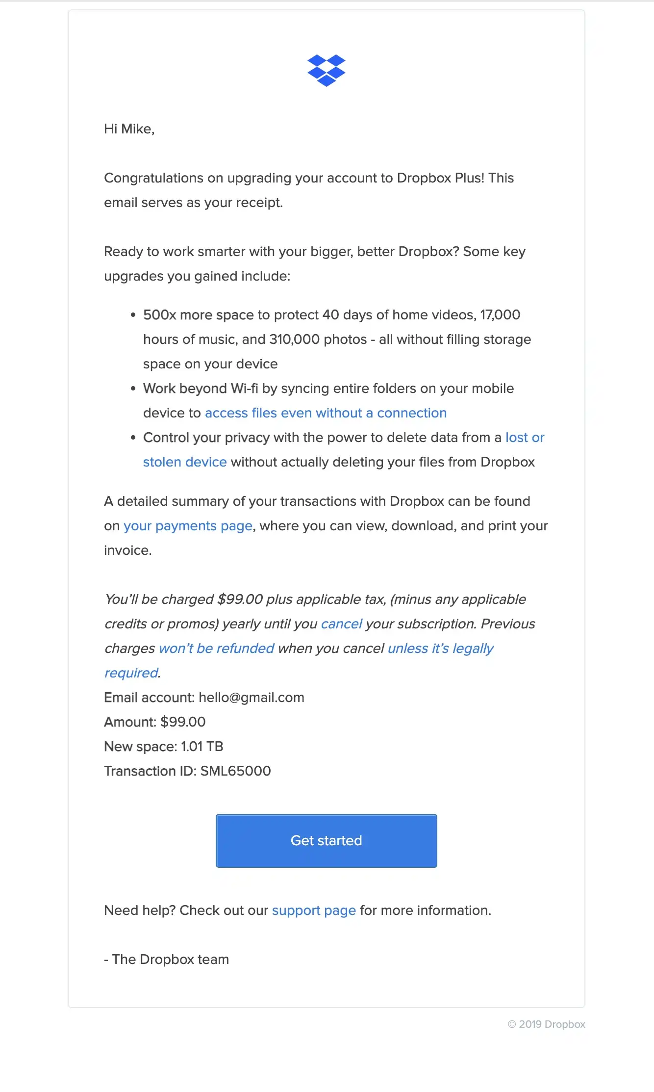 Dropbox trial upgrade