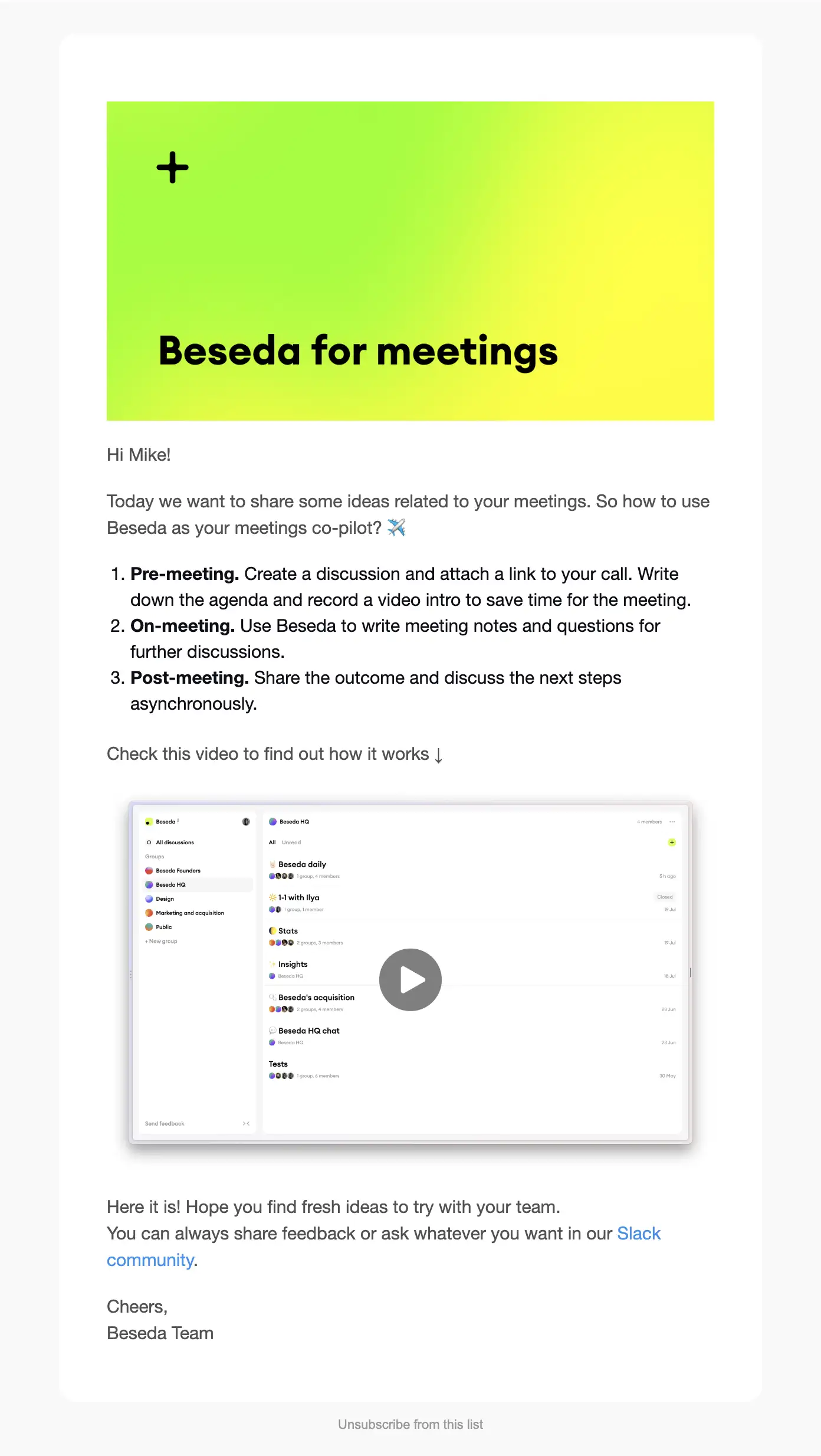 Beseda onboarding email