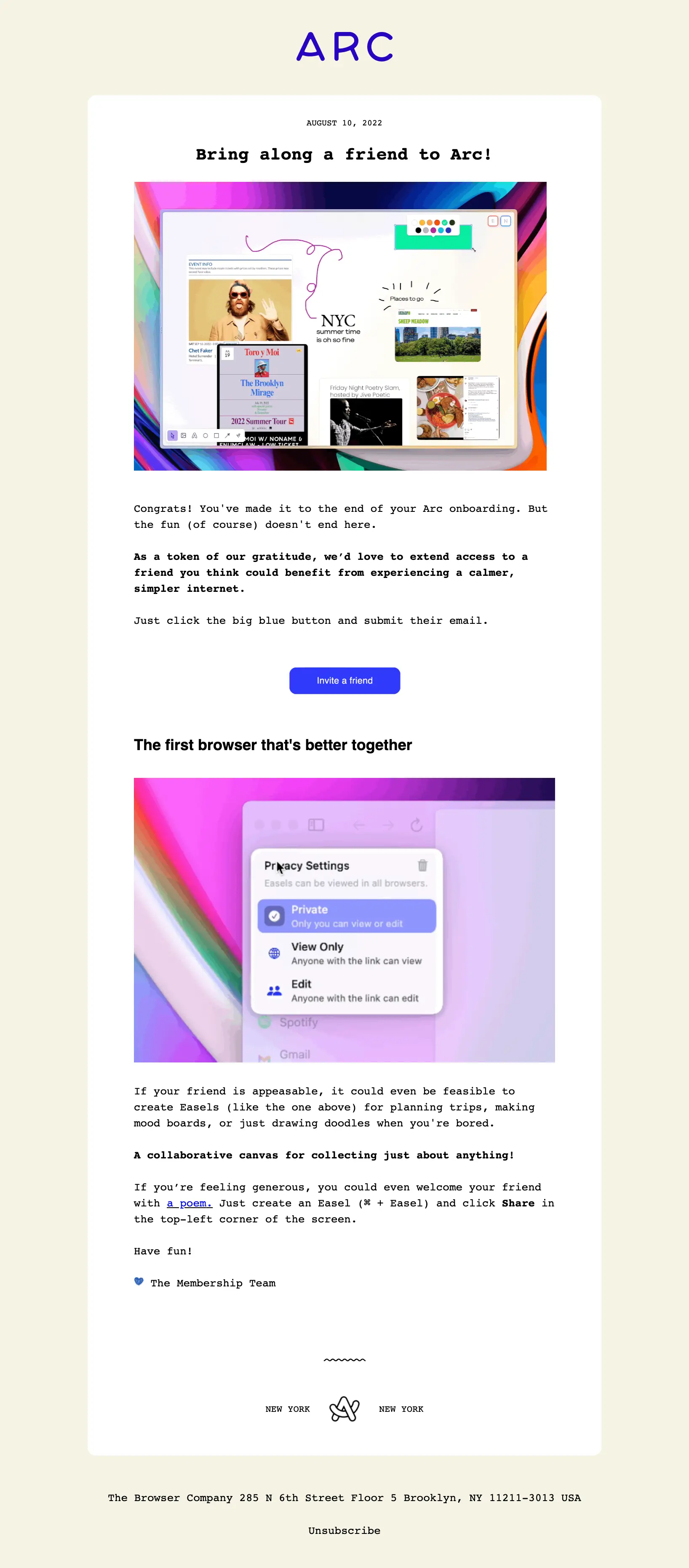 Arc browser email newsletter
